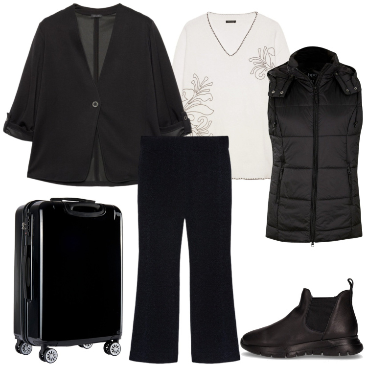 Outfit donna - Total look #2279393. Stile Casual per Tutti i giorni. Abbinamento con gilet, valigie, stivaletti chelsea, pantaloni, blazer, maglieria.