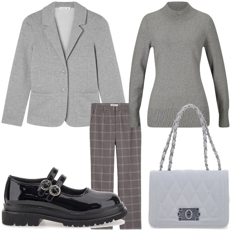 Outfit donna - Il mio novembre. Stile Sporty chic per Ufficio. Abbinamento con pantaloni chino, maglieria, blazer, mocassini, borse a tracolla.