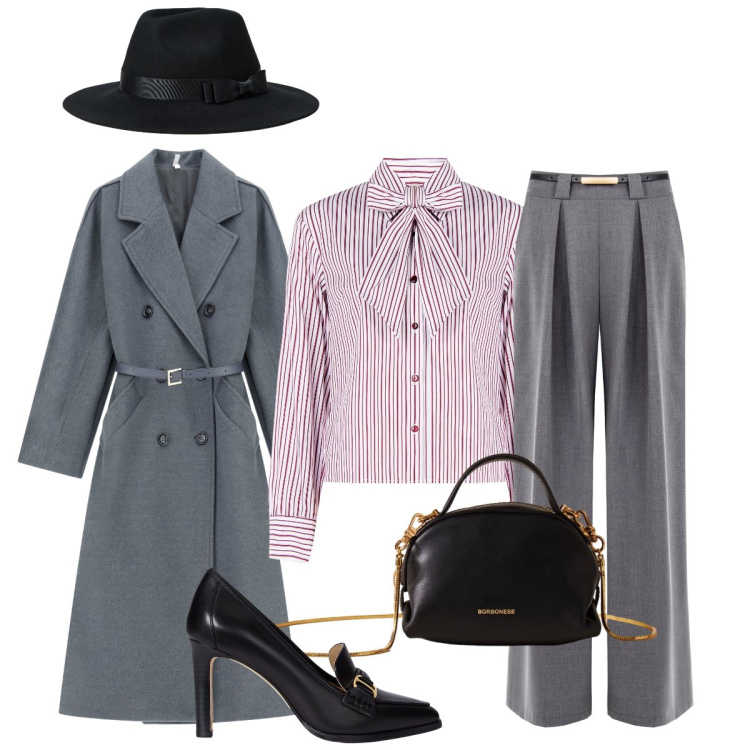 Outfit donna - Cerimonia di Novembre. Stile Chic per Cerimonia. Abbinamento con pantaloni a palazzo, camicie, cappotti, borse a mano, décolleté, cappelli.
