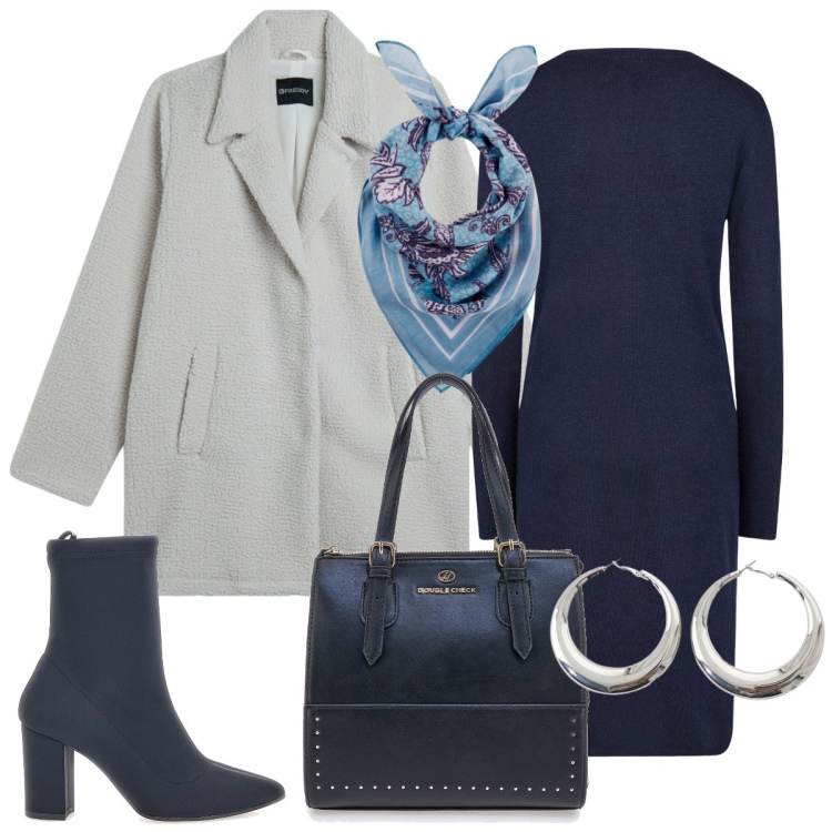 Outfit donna - Total look #2279402. Stile Casual chic per Tutti i giorni. Abbinamento con foulard, cappotti, orecchini, vestiti midi/longuette, stivaletti, borse a mano.