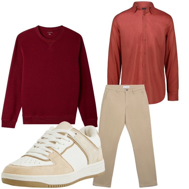 Outfit uomo - Colori caldi. Stile Casual per Tutti i giorni. Abbinamento con sneakers, pantaloni chino, felpe, camicie.