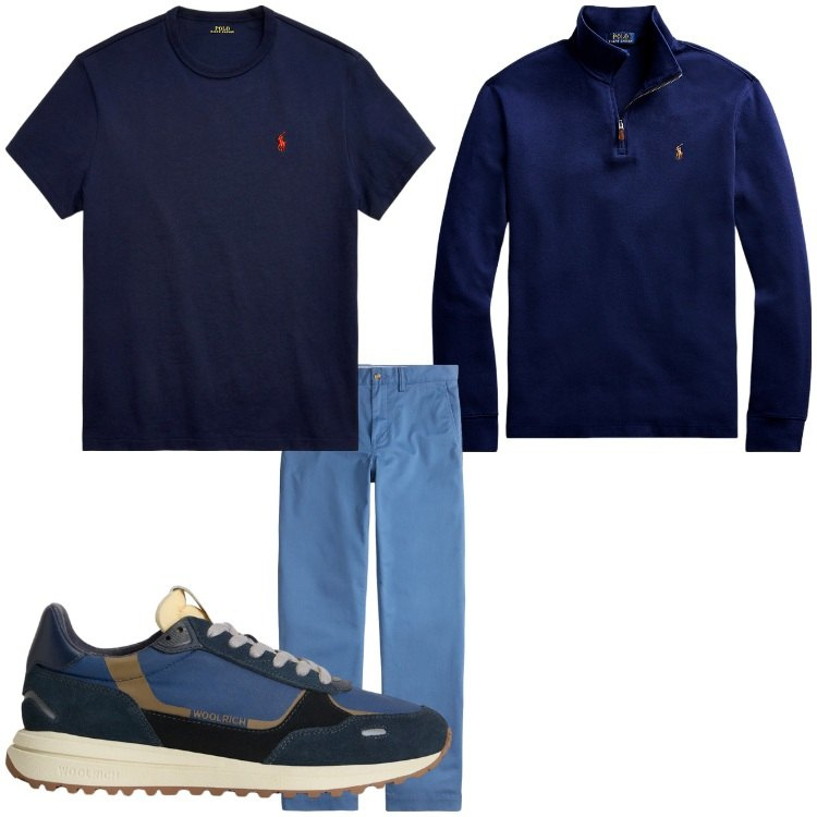 Outfit uomo - Blu. Stile Casual per Tutti i giorni. Abbinamento con pullovers, t-shirt, pantaloni chino, sneakers.