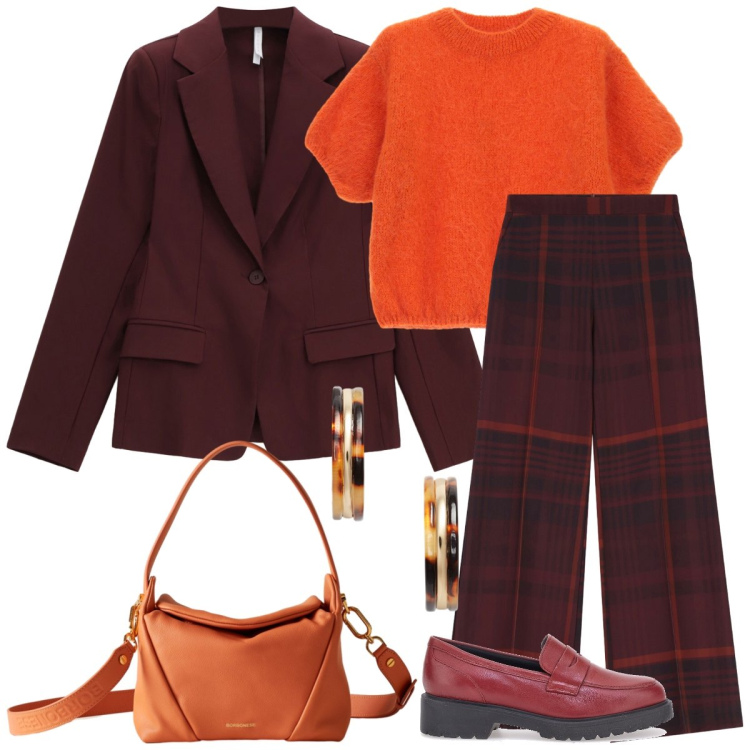 Outfit donna - Total look #2279423. Stile Bon Ton per Tutti i giorni. Abbinamento con maglieria, pantaloni a palazzo, blazer, borse a spalla, orecchini, mocassini.