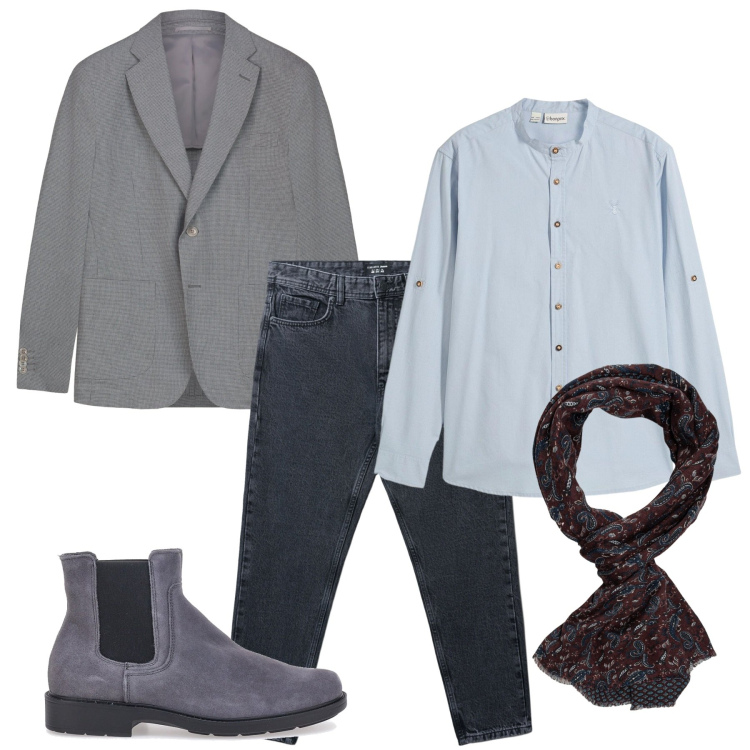 Outfit uomo - Grigio azzurro. Stile Casual per Tutti i giorni. Abbinamento con camicie, jeans strappati, giacche, sciarpe, stivali e stivaletti.