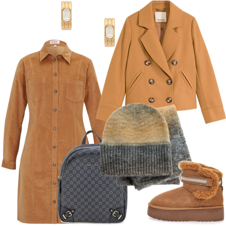 Outfit donna - Abito in velluto elasticizzato. Stile Urban per Tutti i giorni. Abbinamento con vestiti, caban, sciarpe, orecchini, stivaletti, zaini.