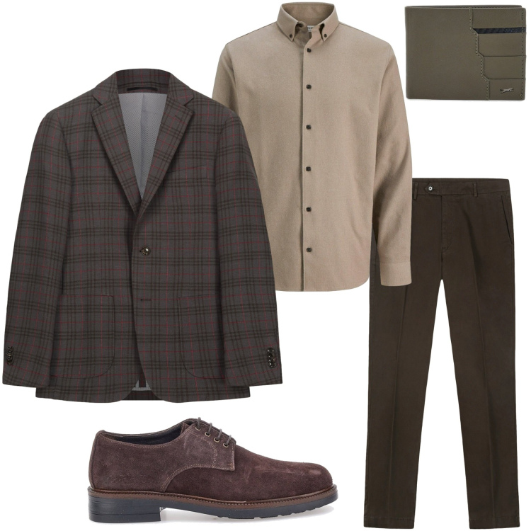Outfit uomo - Novembre in tweed. Stile Business/Elegante per Ufficio. Abbinamento con camicie, portafogli, giacche, pantaloni chino, scarpe stringate.