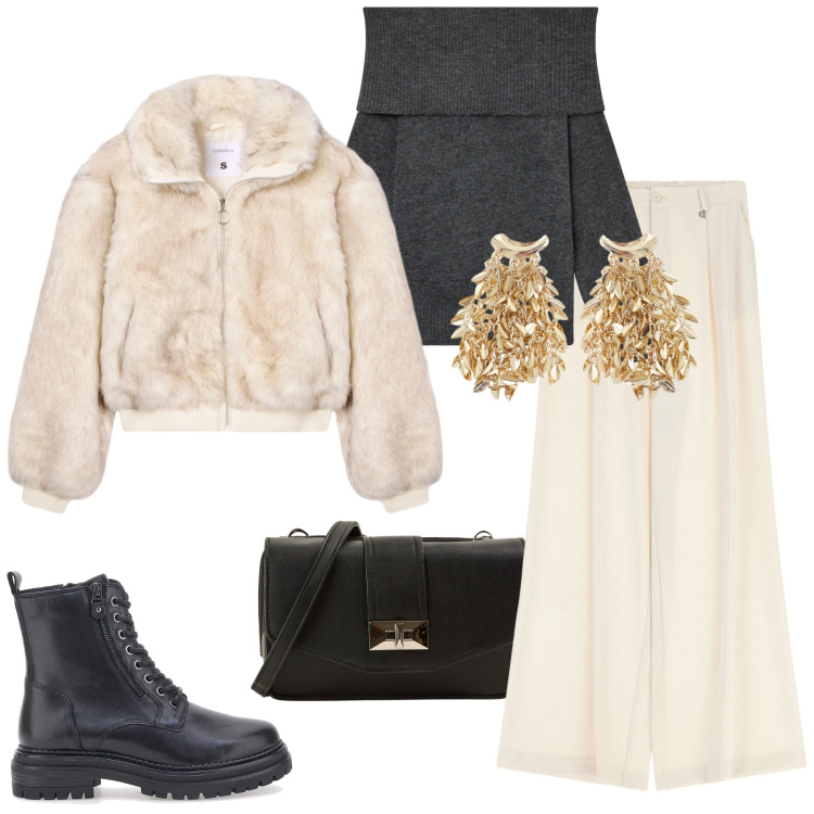 Outfit donna - Me, Myself & Style. Stile Casual chic per Tutti i giorni. Abbinamento con borse a tracolla, maglieria, ecopellicce, pantaloni a palazzo, orecchini, anfibi.