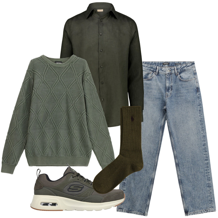 Outfit uomo - Fall jeans. Stile Casual per Tutti i giorni. Abbinamento con jeans dritti, maglieria, calzini, sneakers, camicie.