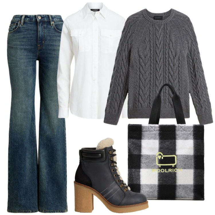 Outfit donna - La borsa in panno calda. Stile Trendy per Tutti i giorni. Abbinamento con jeans, camicie, borse tote, maglieria, stivaletti.