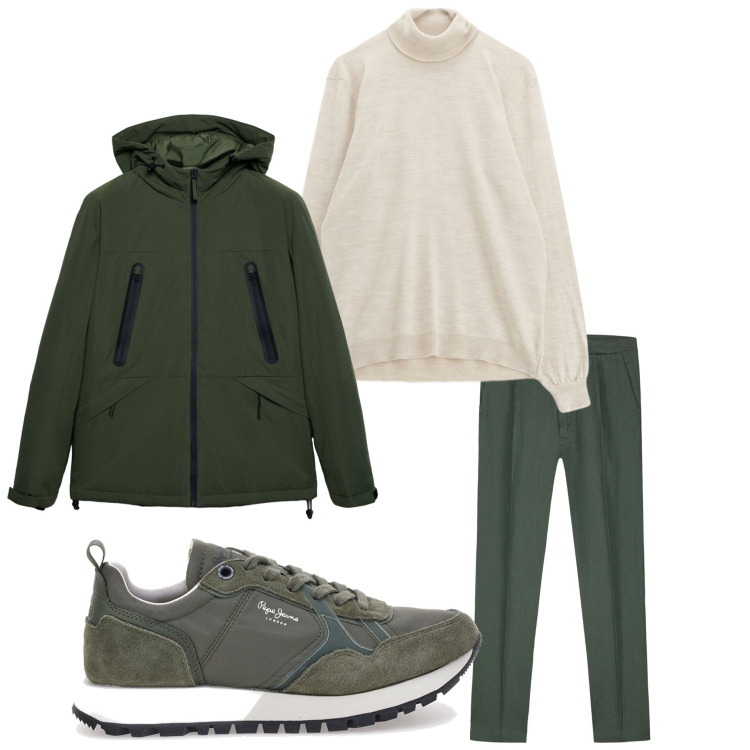 Outfit uomo - Color bosco. Stile Casual per Tutti i giorni. Abbinamento con giacche, maglieria, pantaloni, sneakers.