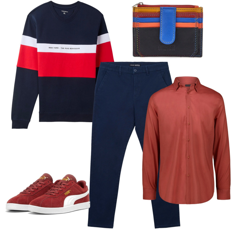 Outfit uomo - Tocco rosso. Stile Casual per Tutti i giorni. Abbinamento con felpe con cappuccio, pantaloni chino, portafogli, sneakers, camicie.