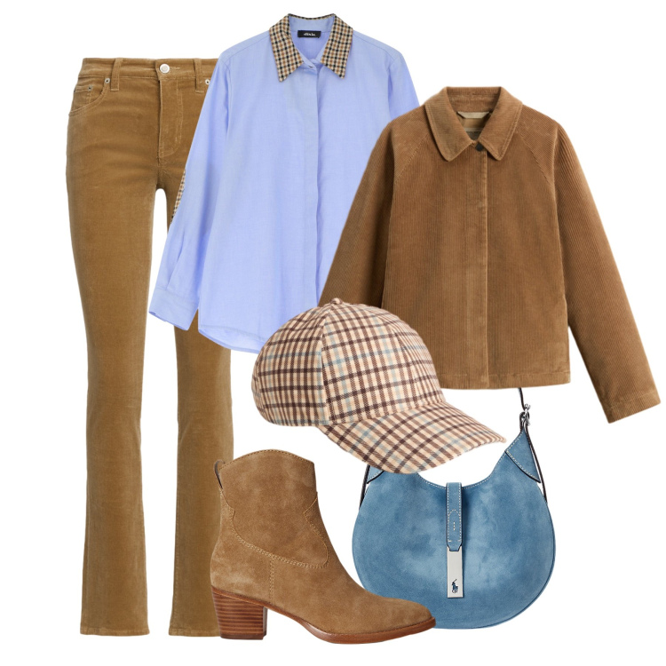 Outfit donna - Il cappellino British style. Stile Sporty chic per Tutti i giorni. Abbinamento con camicie, borse a spalla, pantaloni, stivaletti, cappelli, cappotti.