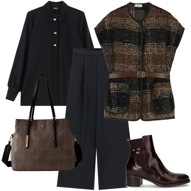 Outfit donna - Il mio novembre. Stile Casual chic per Tutti i giorni. Abbinamento con shopping bag, camicie, gilet, pantaloni a palazzo, stivaletti.