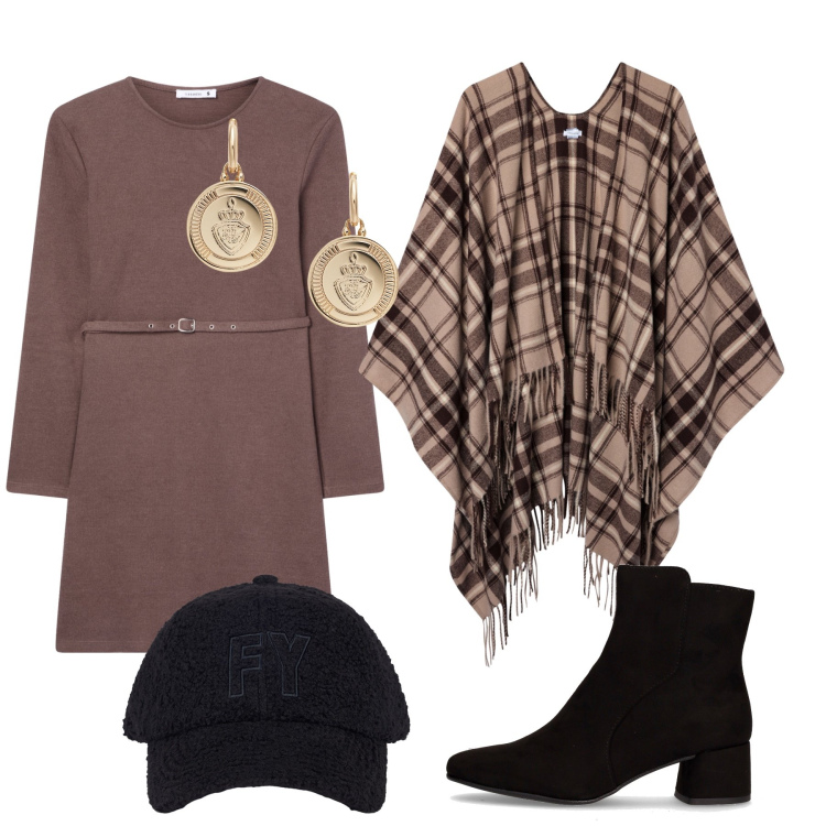 Outfit donna - Total look #2279557. Stile Trendy per Tutti i giorni. Abbinamento con vestiti midi/longuette, cappotti, cappelli con visiera, orecchini, stivaletti.