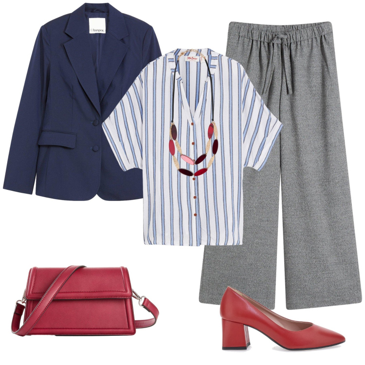 Outfit donna - Ufficio. Stile Casual per Ufficio. Abbinamento con camicie, borse a tracolla, pantaloni a palazzo, blazer, décolleté, collane.