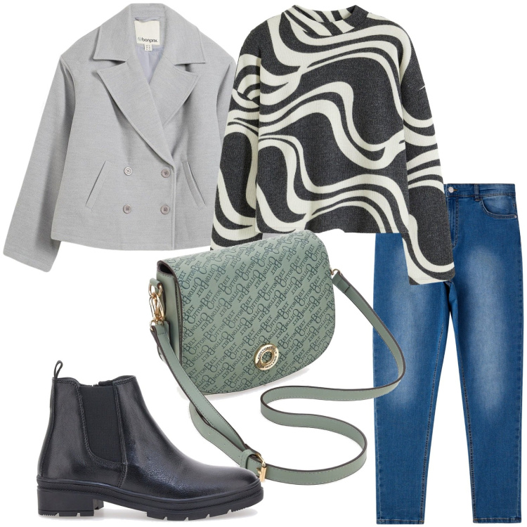 Outfit donna - Un vero capospalla. Stile Minimal per Tutti i giorni. Abbinamento con maglieria, caban, jeans skinny, borse a tracolla, stivaletti chelsea.