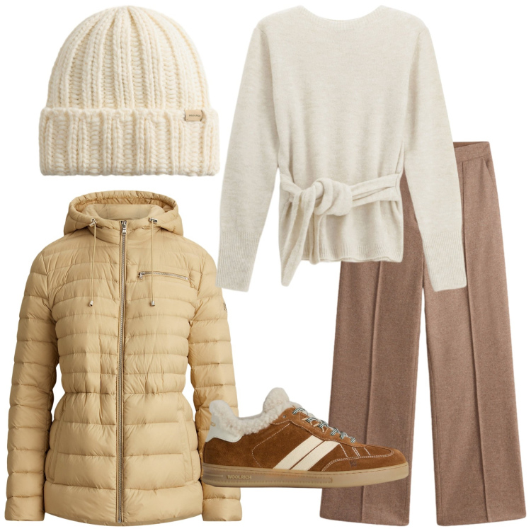 Outfit donna - Novembre con un cappello. Stile Casual chic per Tutti i giorni. Abbinamento con maglieria, piumini, sneakers, pantaloni, berretti.