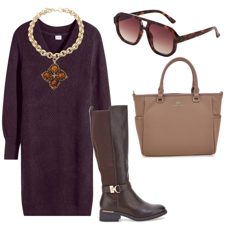 Outfit donna - Total look #2279595. Stile Glamour per Ufficio. Abbinamento con vestiti, occhiali da sole, collane, borse a tracolla, stivali.