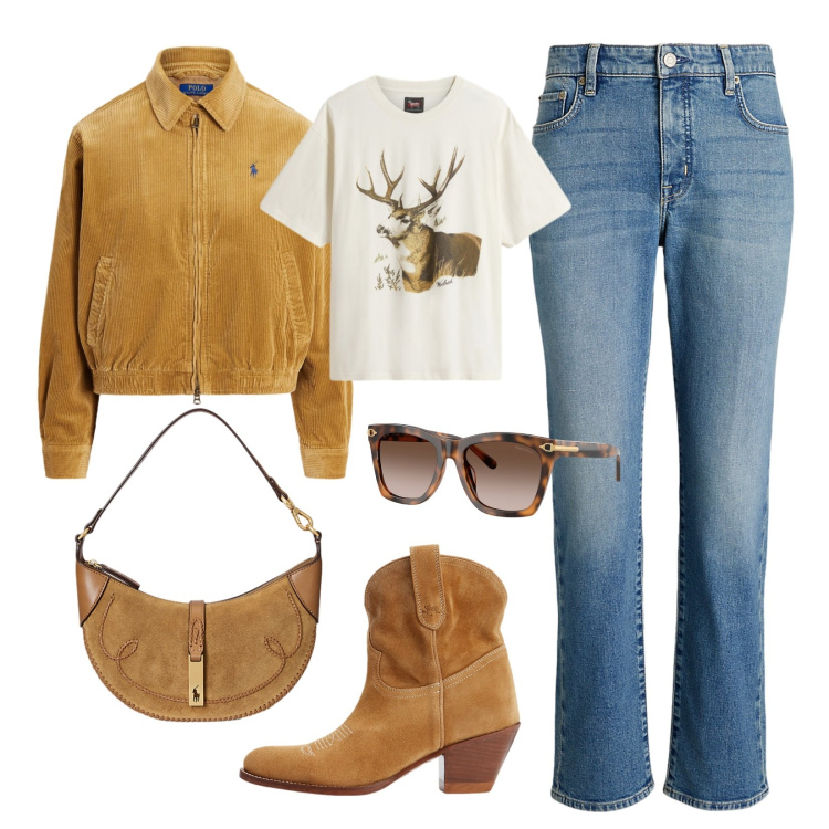 Outfit donna - Golden autumn!. Stile Casual chic per Tutti i giorni. Abbinamento con stivaletti, borse a spalla, occhiali da sole, jeans dritti, blazer, t-shirt.