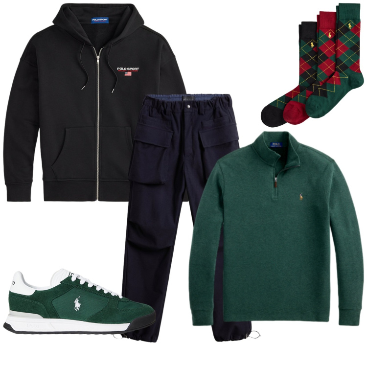 Outfit uomo - Total look #2279605. Stile Trendy per Tutti i giorni. Abbinamento con sneakers, pullovers, felpe con cappuccio, calzini, pantaloni.