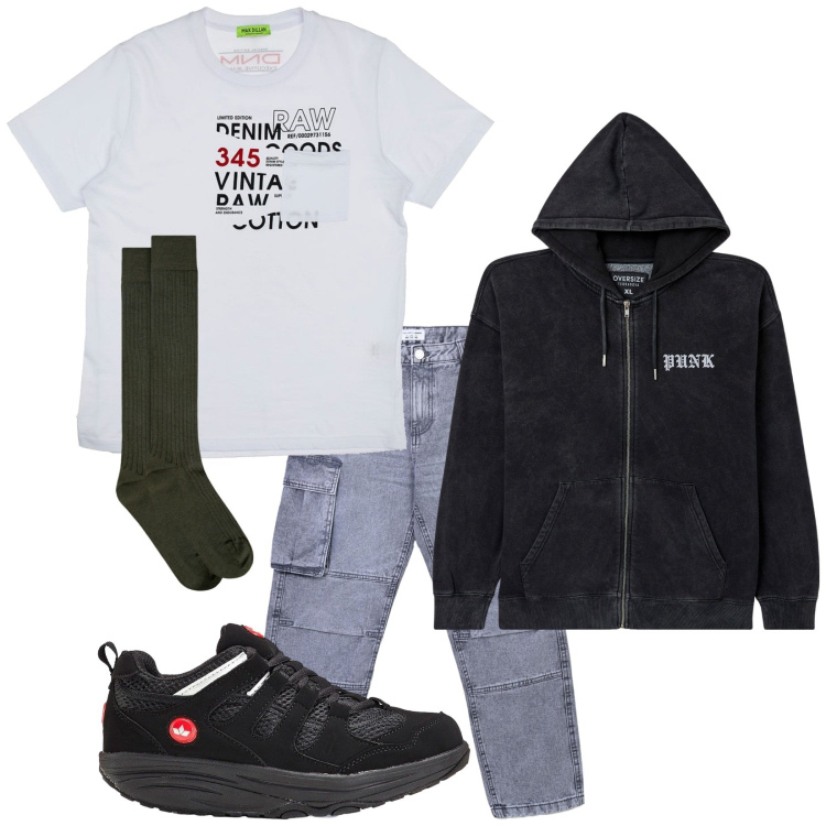 Outfit uomo - Total look #2279770. Stile Urban per Tutti i giorni. Abbinamento con sneakers, felpe con cappuccio, jeans, calzini, t-shirt.