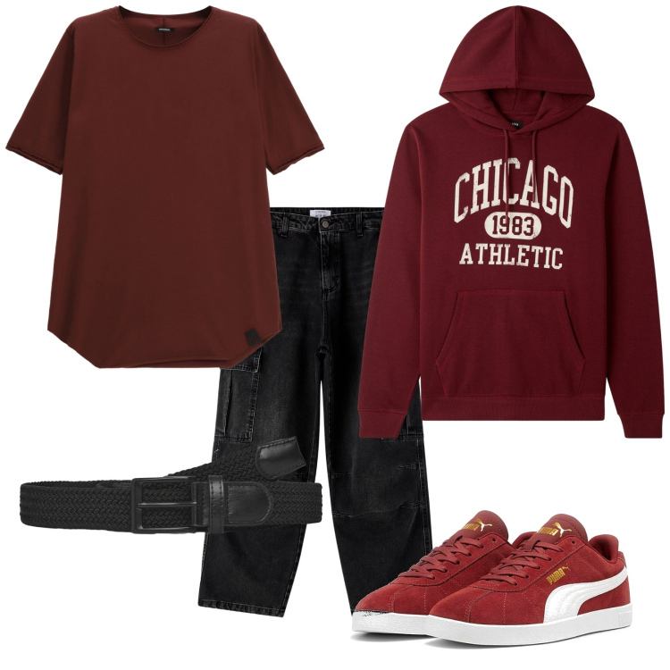 Outfit uomo - Total look #2279777. Stile Urban per Tutti i giorni. Abbinamento con cinture, felpe con cappuccio, jeans, t-shirt, sneakers.