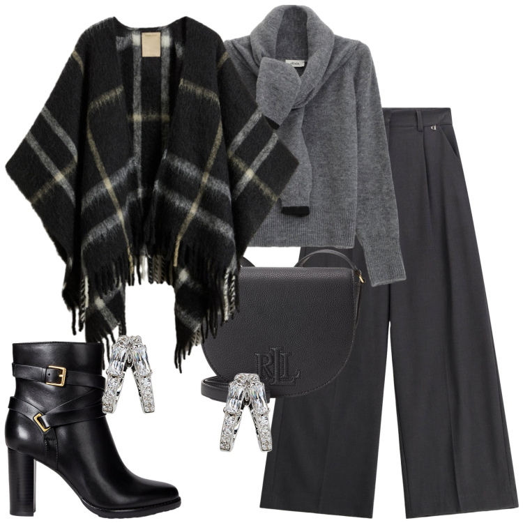 Outfit donna - Dark grey. Stile Trendy per Tutti i giorni. Abbinamento con maglieria, pantaloni a palazzo, cappe, stivaletti, borse a tracolla, orecchini.