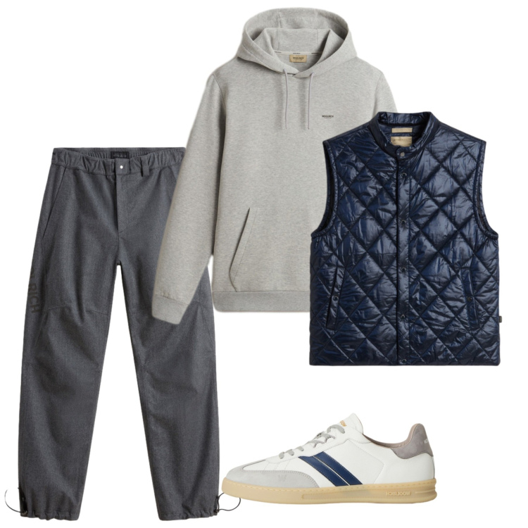 Outfit uomo - Lo stile del caffè mattutino. Stile Casual per Tutti i giorni. Abbinamento con pantaloni, felpe con cappuccio, sneakers, gilet.