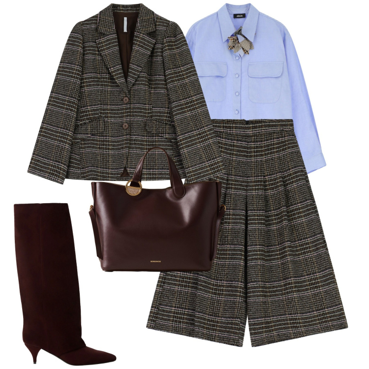 Outfit donna - Total look #2279805. Stile Urban per Tutti i giorni. Abbinamento con pantaloni a palazzo, blazer, camicie, stivali, shopping bag.