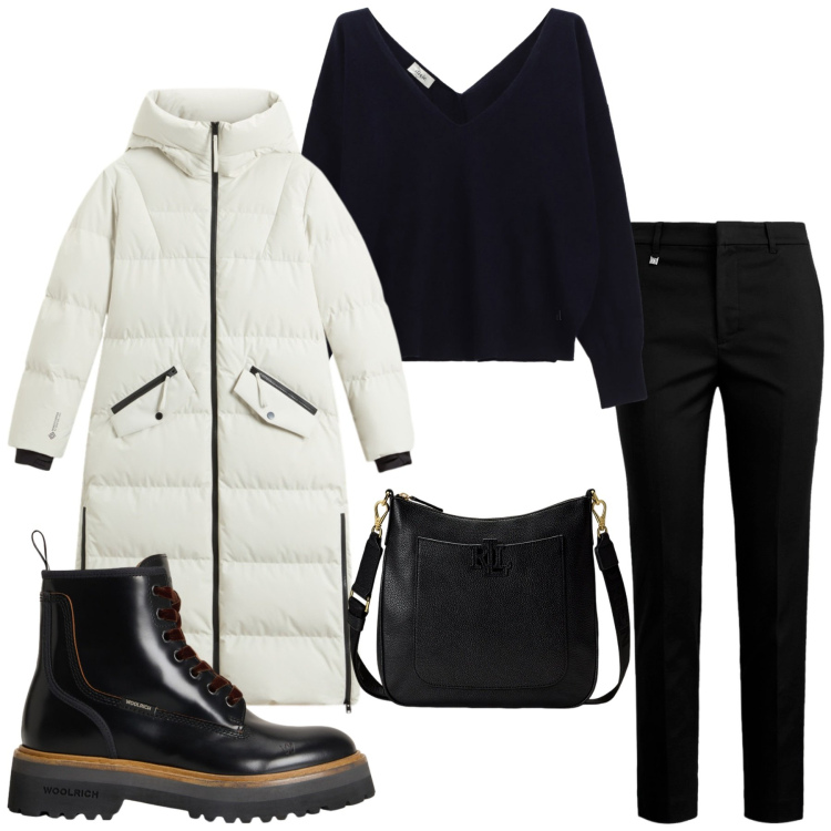 Outfit donna - Total look #2279807. Stile Urban per Tutti i giorni. Abbinamento con maglieria, borse a tracolla, pantaloni, anfibi, piumini.