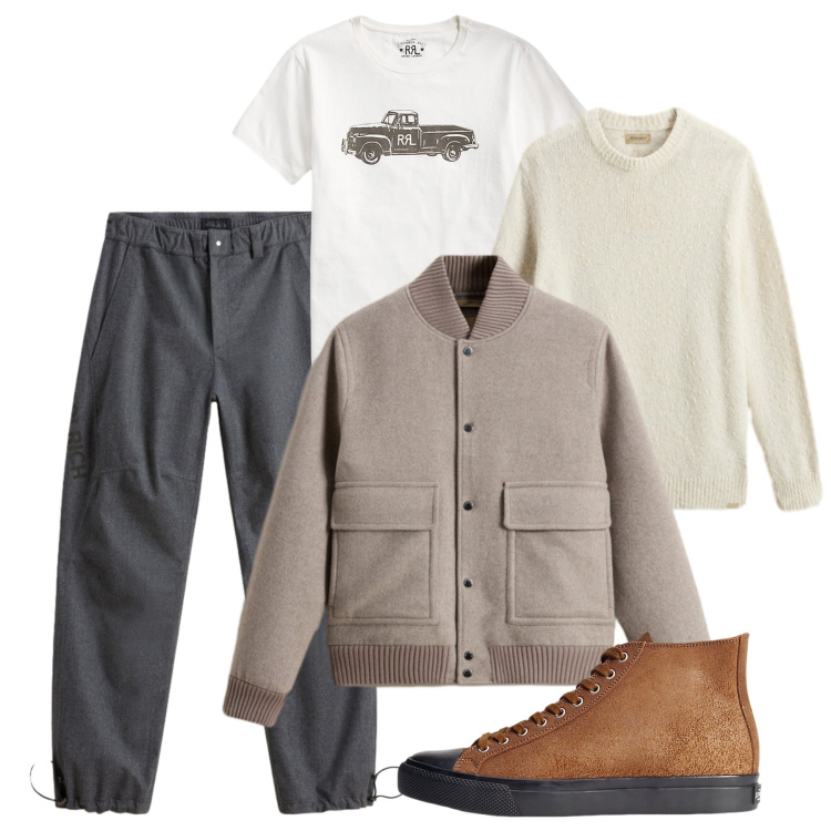 Outfit uomo - Novembre. Stile Trendy per Tutti i giorni. Abbinamento con t-shirt, sneakers, pantaloni, maglieria, bomber.