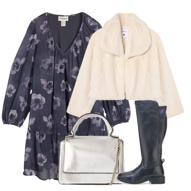 Outfit donna - Vaporosa. Stile Romantica per Tutti i giorni. Abbinamento con vestiti corti, borse a tracolla, ecopellicce, stivali.