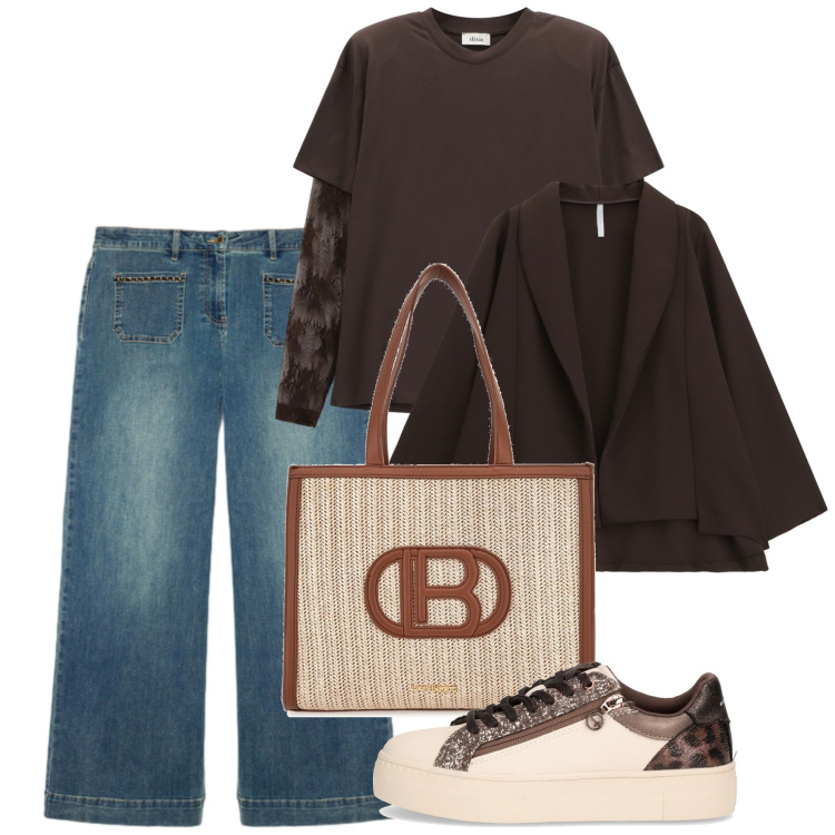 Outfit donna - Novembre. Stile Casual chic per Tutti i giorni. Abbinamento con blazer, top, borse a spalla, jeans, sneakers.