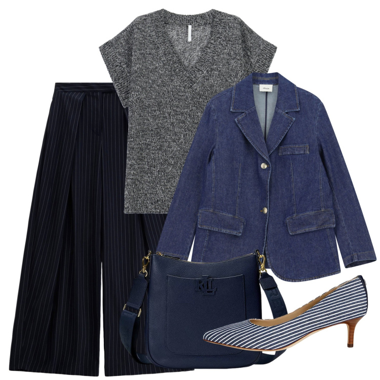 Outfit donna - Blue november. Stile Chic per Tutti i giorni. Abbinamento con maglieria, blazer, pantaloni a palazzo, borse a tracolla, décolleté.
