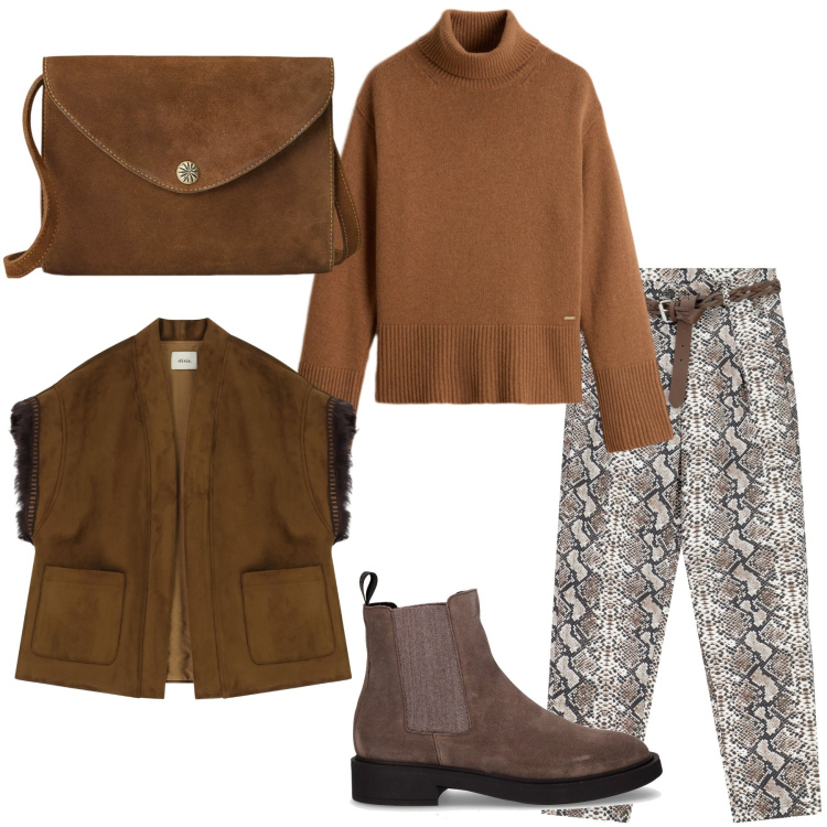 Outfit donna - Total look #2279856. Stile Etnico per Tutti i giorni. Abbinamento con gilet, pantaloni, maglieria, borse a tracolla, stivaletti chelsea.