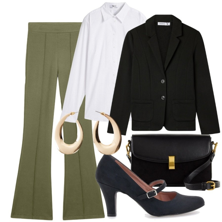 Outfit donna - Combo verde oliva+bianco+nero. Stile Bon Ton per Ufficio. Abbinamento con camicie, borse a mano, orecchini, blazer, pantaloni, décolleté.