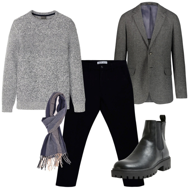 Outfit uomo - Grey time. Stile Casual per Tutti i giorni. Abbinamento con maglieria, stivali e stivaletti, pantaloni chino, sciarpe, giacche.