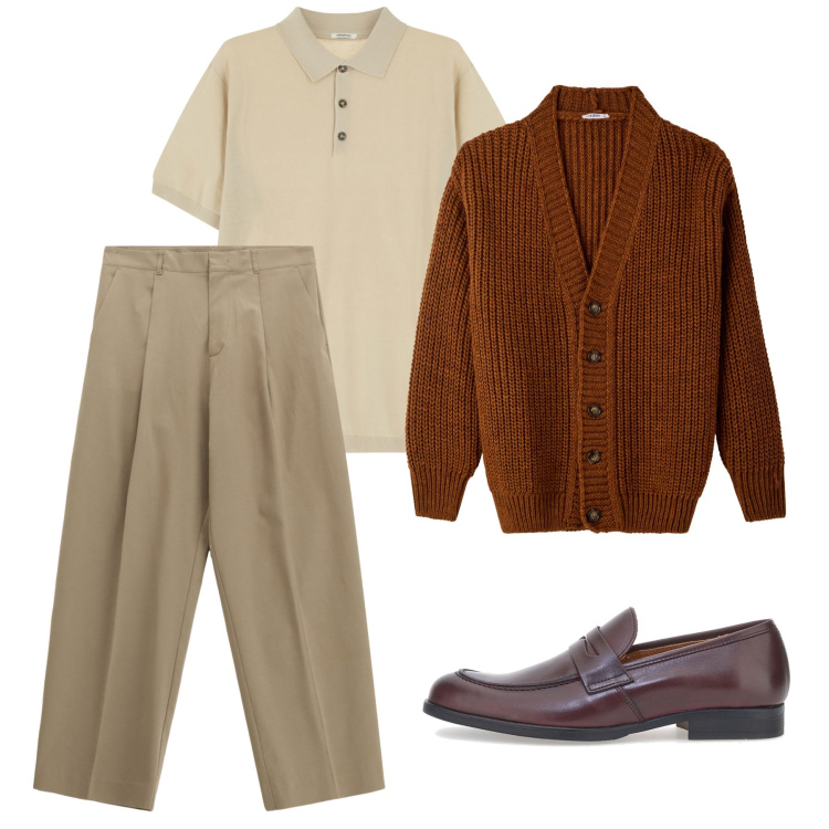 Outfit uomo - Terra. Stile Casual per Tutti i giorni. Abbinamento con cardigans, polo, pantaloni, scarpe stringate.