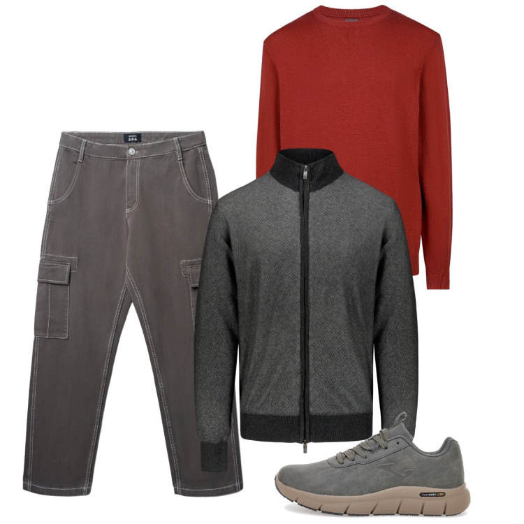 Outfit uomo - I cargo. Stile Casual per Tutti i giorni. Abbinamento con pantaloni cargo, sneakers, cardigans, maglieria.