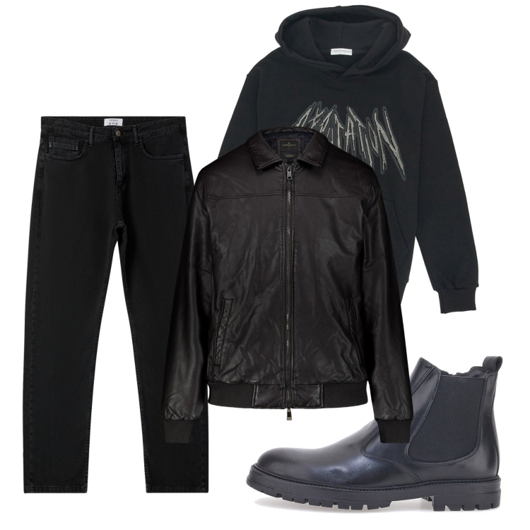 Outfit uomo - Rockeggiante. Stile Biker Rock per Serata speciale. Abbinamento con jeans dritti, stivali e stivaletti, felpe con cappuccio, giacche.