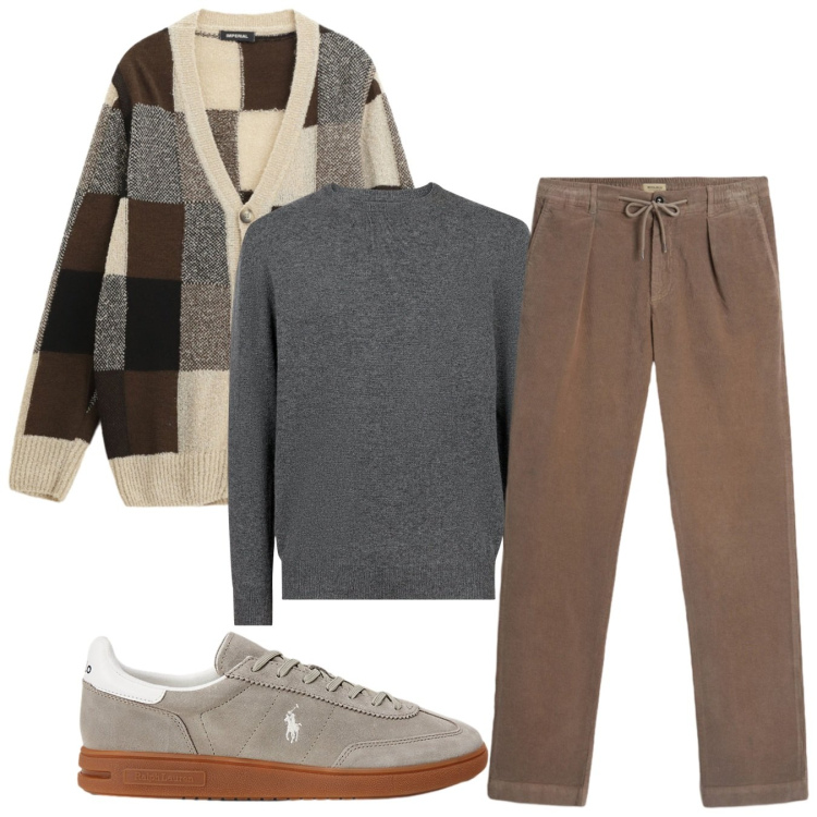 Outfit uomo - Sofisticato comodo. Stile Trendy per Tutti i giorni. Abbinamento con cardigans, sneakers, pantaloni, maglieria.