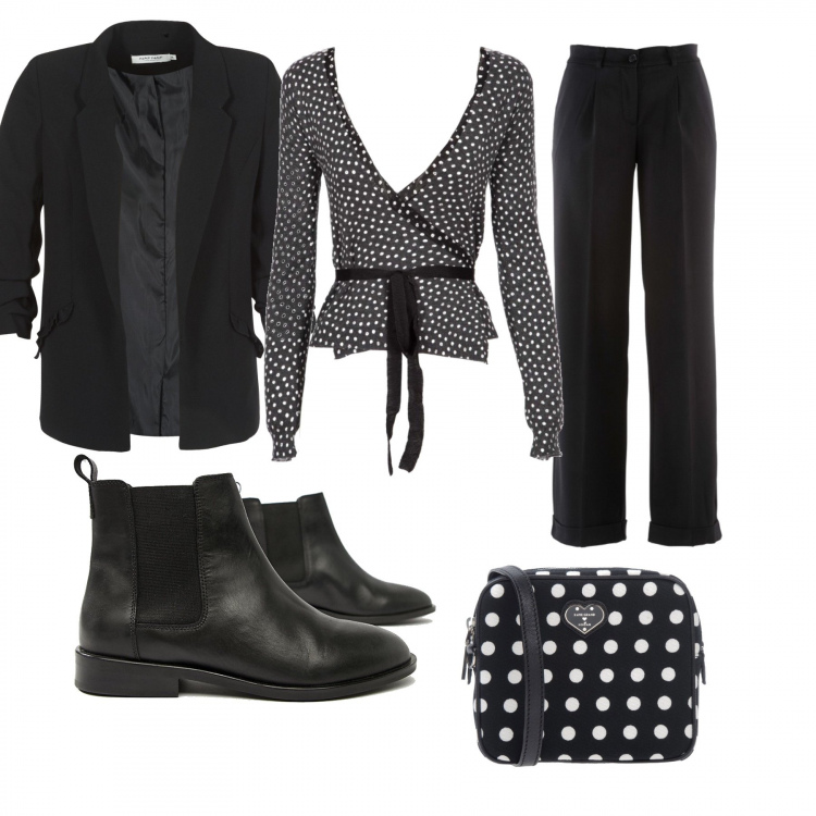 Outfit donna - Chic a pois. Stile Chic per Ufficio. Abbinamento con pantaloni, borse a mano, giacca nero, maglia, stivaletti chelsea pianta larga.