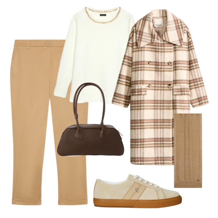 Outfit donna - Colori armoniosi!. Stile Casual per Tutti i giorni. Abbinamento con cappotti, sciarpe, borse a mano, sneakers, pantaloni chino, maglieria.
