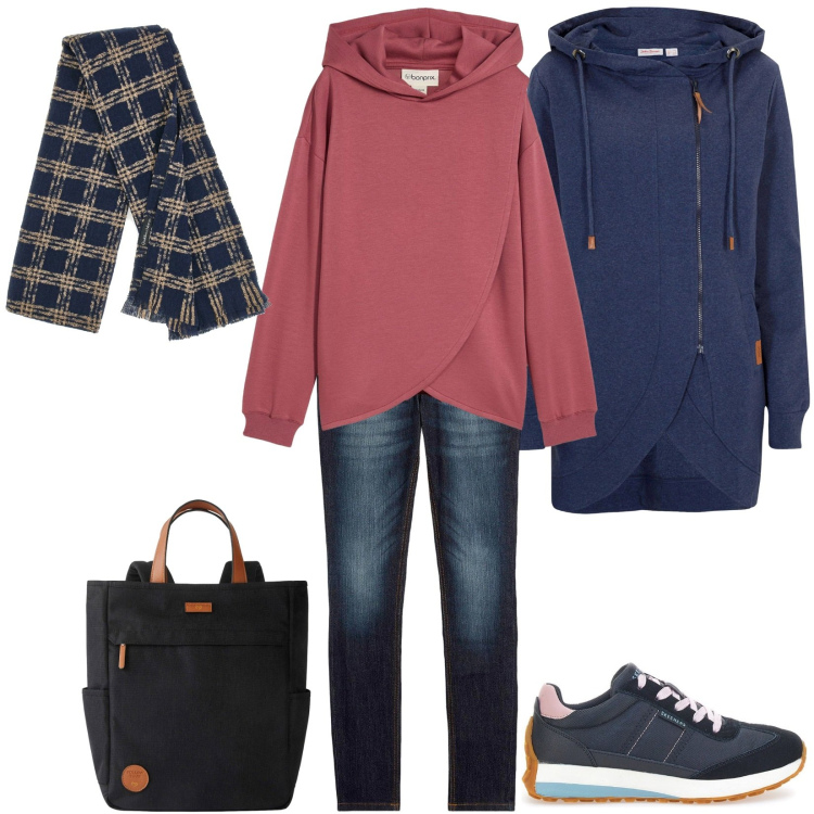 Outfit donna - Total look #2279924. Stile Basic per Tutti i giorni. Abbinamento con felpe con cappuccio, blazer, jeans skinny, zaini, sneakers, sciarpe.