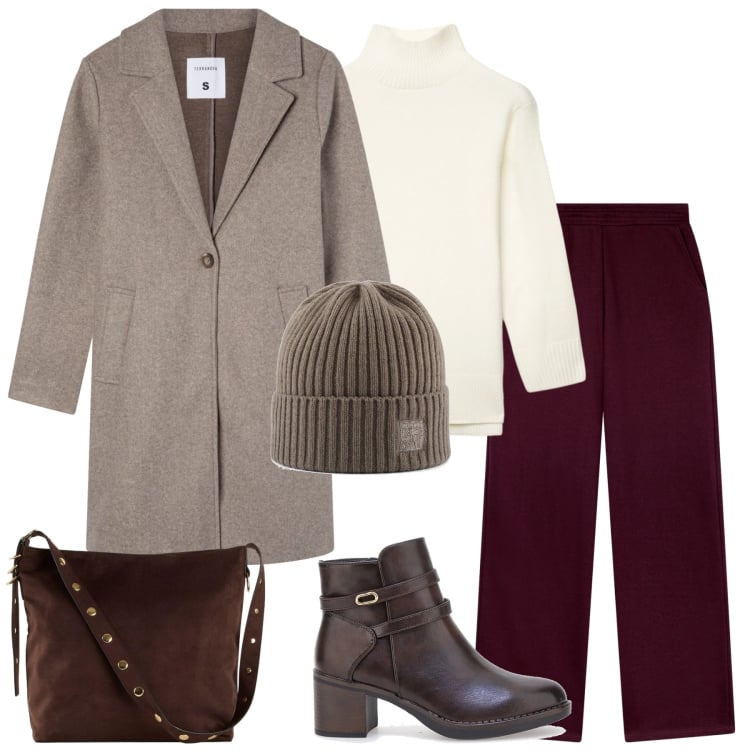 Outfit donna - Le fresche giornate autunnali. Stile Casual per Tutti i giorni. Abbinamento con shopping bag, pantaloni, maglieria, cappotti, stivaletti, berretti.