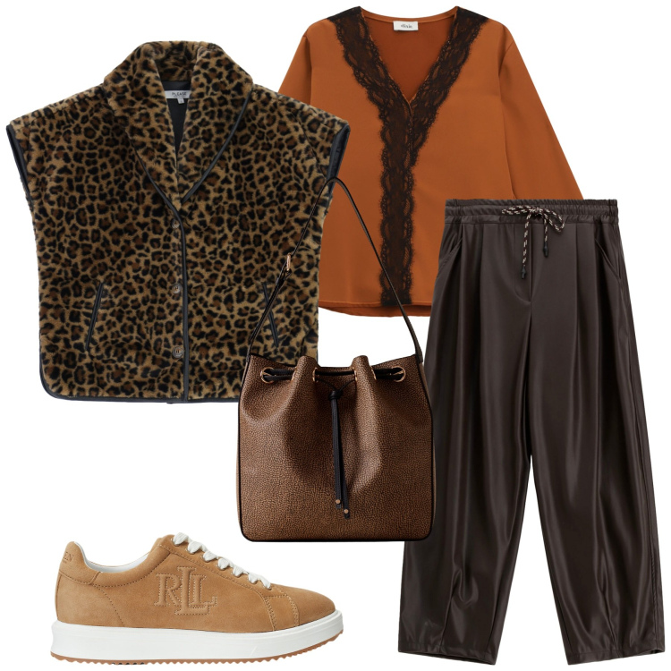 Outfit donna - Total look #2279936. Stile Trendy per Tutti i giorni. Abbinamento con cappotti, borse a secchiello, bluse, pantaloni a palazzo, sneakers.
