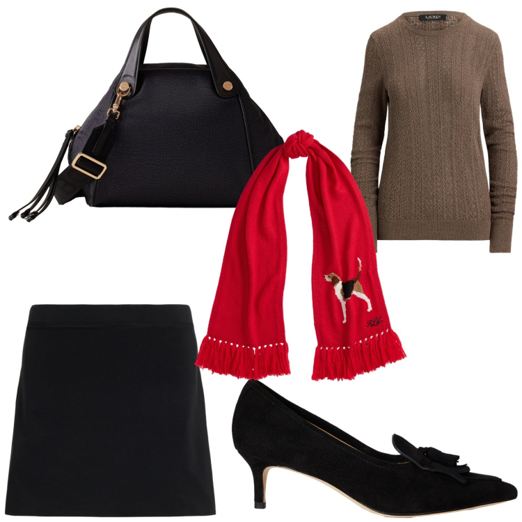 Outfit donna - Il foulard dalla tinta vivace. Stile Bon Ton per Ufficio. Abbinamento con borse a mano, décolleté, minigonne, maglieria, sciarpe.