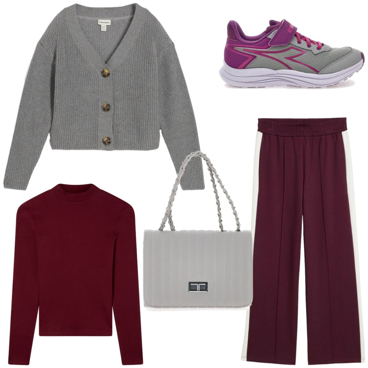 Outfit donna - Workwear. Stile Casual per Ufficio. Abbinamento con pantaloni, cardigans, t-shirt, borse a tracolla, sneakers.