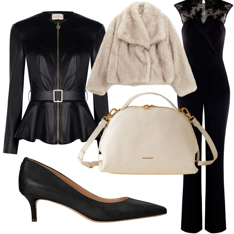 Outfit donna - Nero e panna. Stile Casual chic per Serata fuori. Abbinamento con tute, blazer, borse a mano, blazer, décolleté.