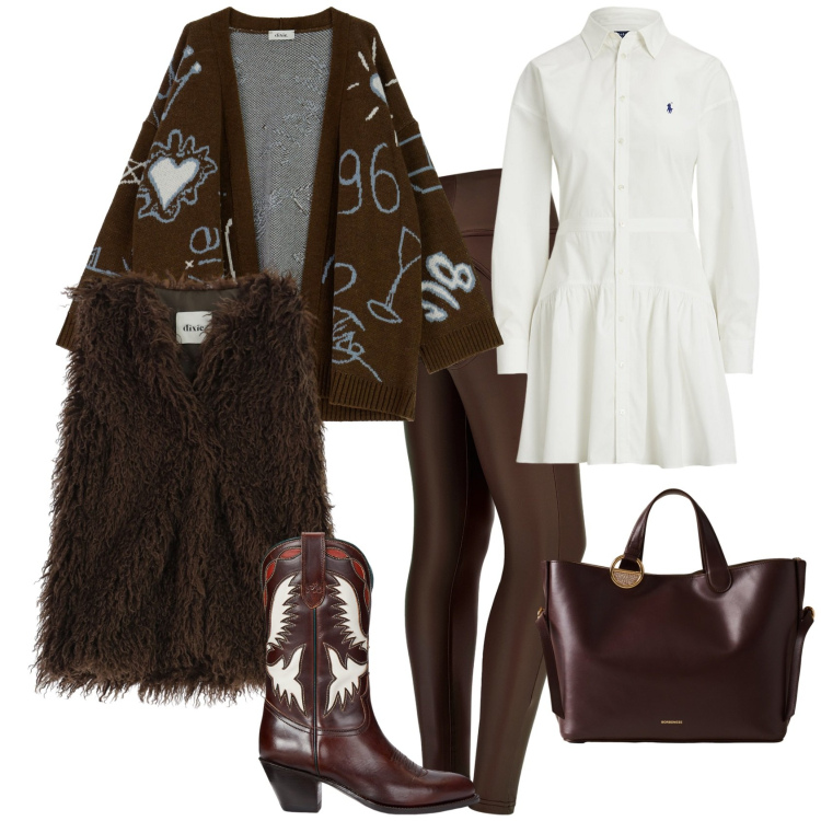 Outfit donna - Total look #2279964. Stile Trendy per Tutti i giorni. Abbinamento con shopping bag, pantaloni skinny, gilet, cardigans, stivali, camicie.